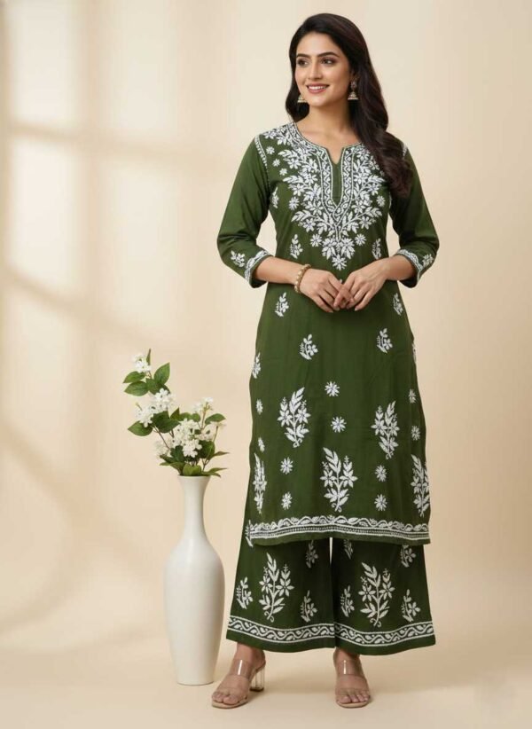 Mehandi Green Chikan Stitched Suit