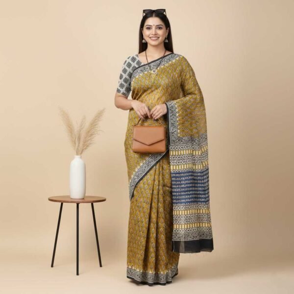 Mustard Yellow Bagru Print Cotton Saree
