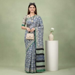 Peacock Blue Bagru Print Cotton Saree