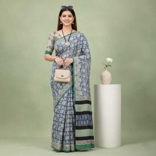 Peacock Blue Bagru Print Cotton Saree Peacock Blue Bagru Print Cotton Saree