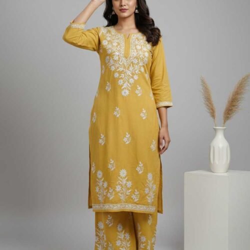 Yellow Chikan Stitched Suit