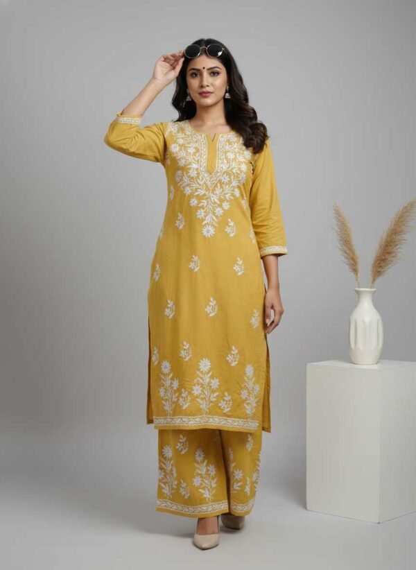 Yellow Chikan Stitched Suit