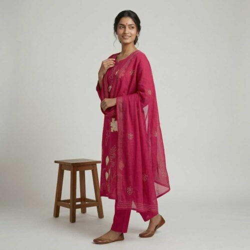 Pink mul chanderi stitched suit
