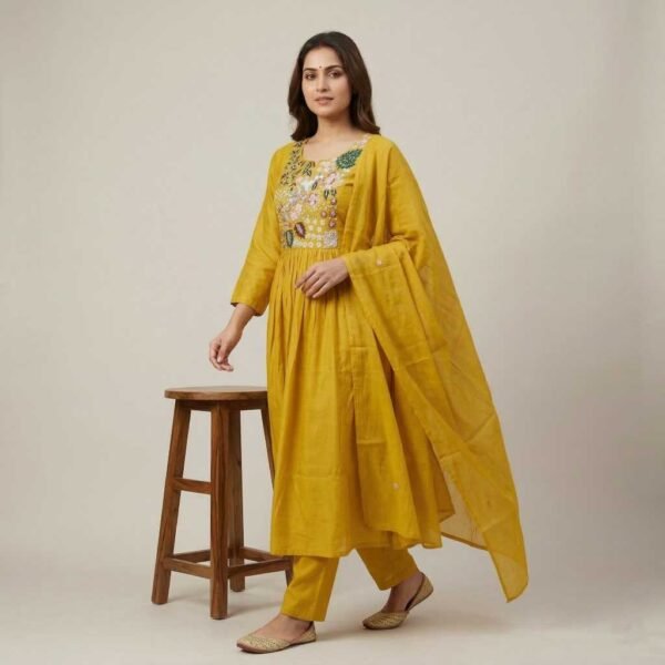 BS002385-1(1) Mustard mul chanderi stitched suit