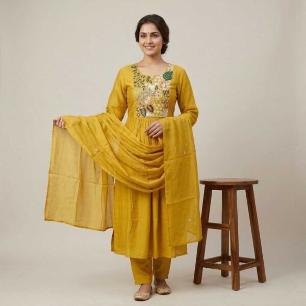 BS002385-1(2) Mustard mul chanderi stitched suit