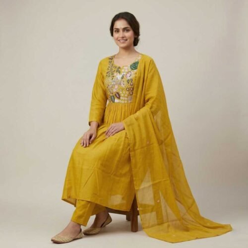 Mustard mul chanderi stitched suit