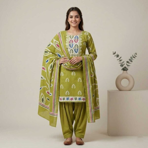 Green Cotton Unstitched Suit