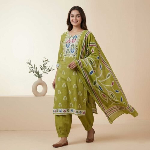 Green Cotton Unstitched Suit