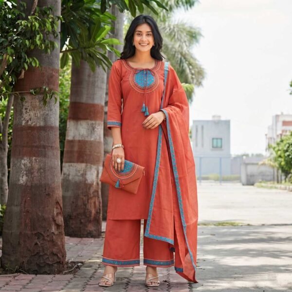 rust orange stitched suit