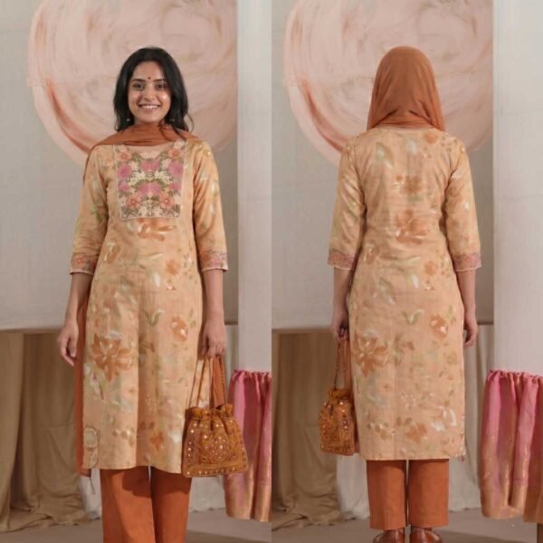 Beige Printed Stitched Suit