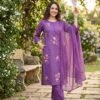 Purple Floral Cotton Stitched Suit