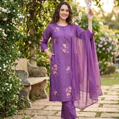 Purple Floral Cotton Stitched Suit
