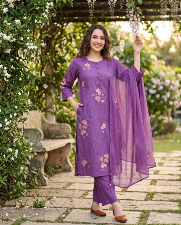 Purple Floral Cotton Stitched Suit