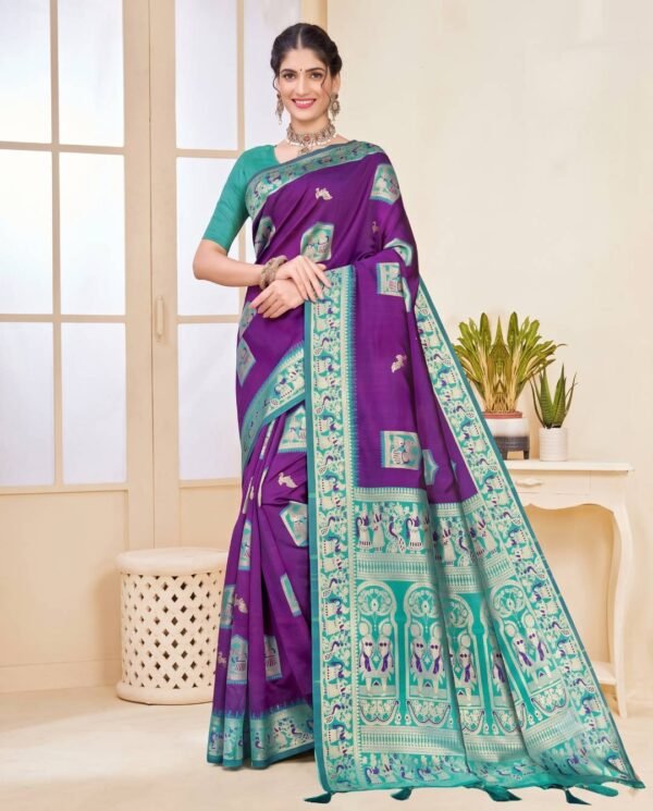 Purple & Turquoise Silk Saree