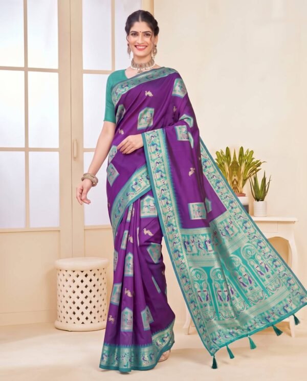 Purple & Turquoise Silk Saree