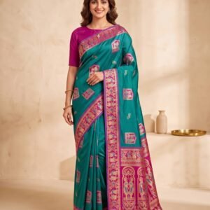 Teal Green & Rani Silk Saree