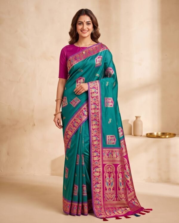 Teal Green & Rani Silk Saree