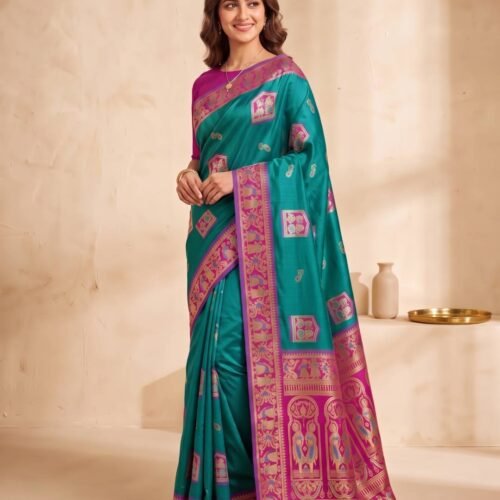 Teal Green & Rani Silk Saree