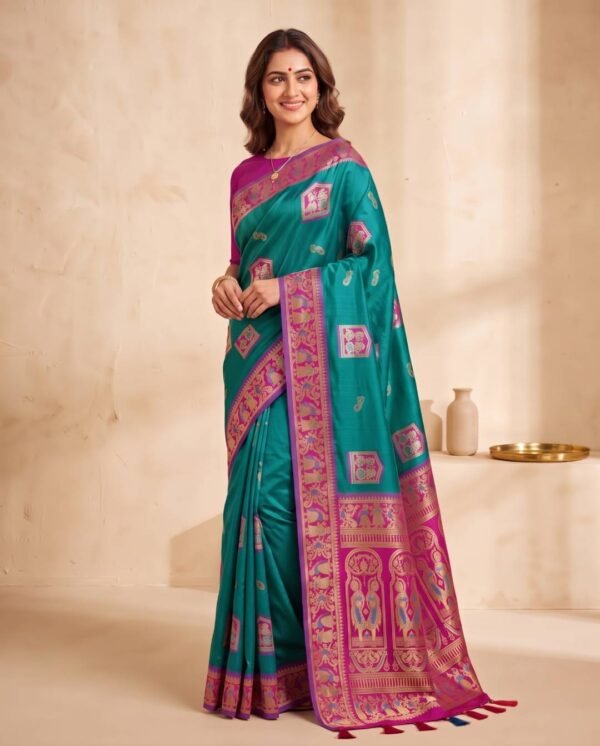 Teal Green & Rani Silk Saree