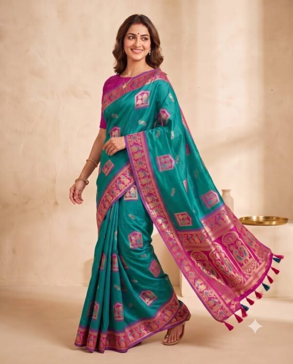 Teal Green & Rani Silk Saree