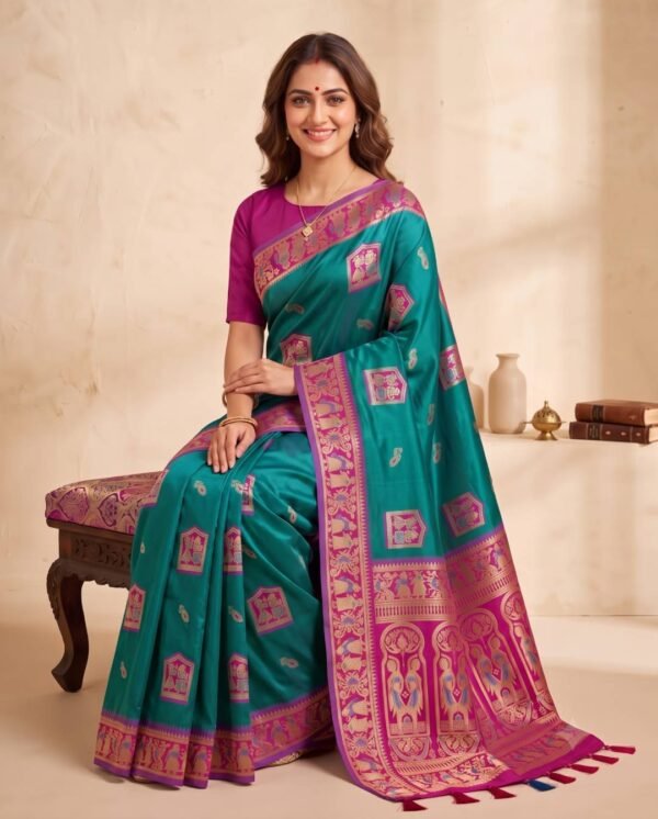 Teal Green & Rani Silk Saree