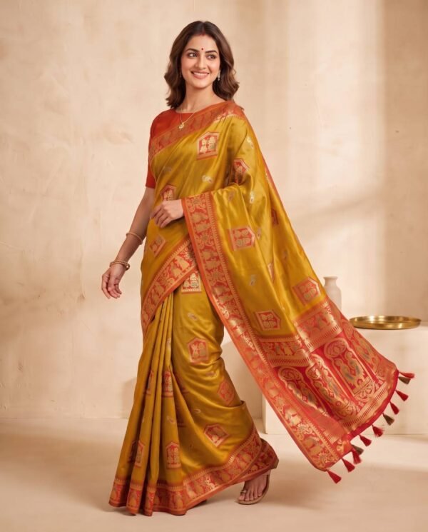 Mustard and red silk saree