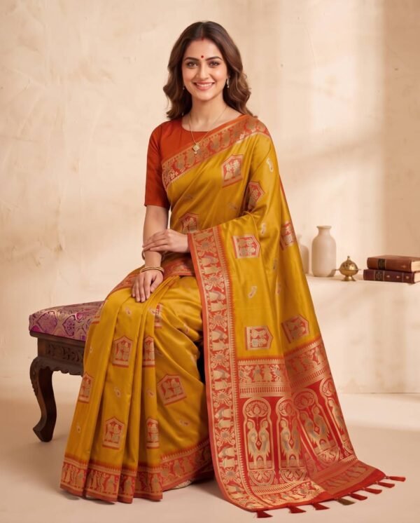 Mustard and red silk saree