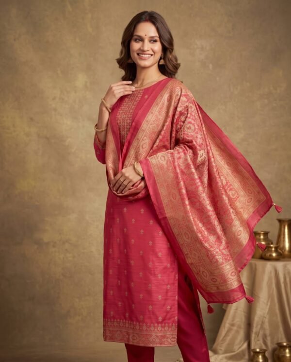 BS002466-1(1) Red Tusser Silk Unstitched Suit