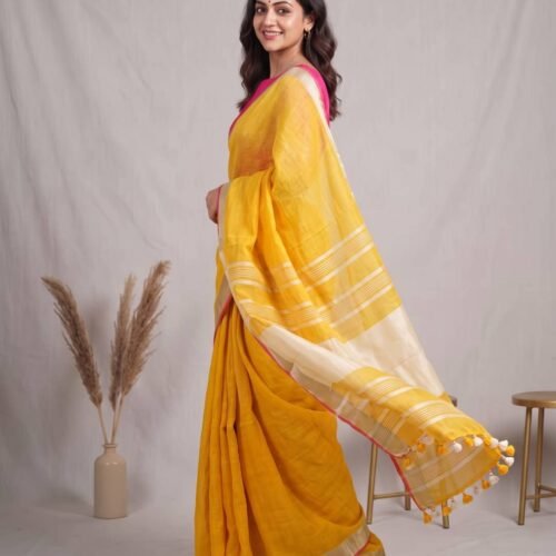Mango Yellow Pure Linen Saree