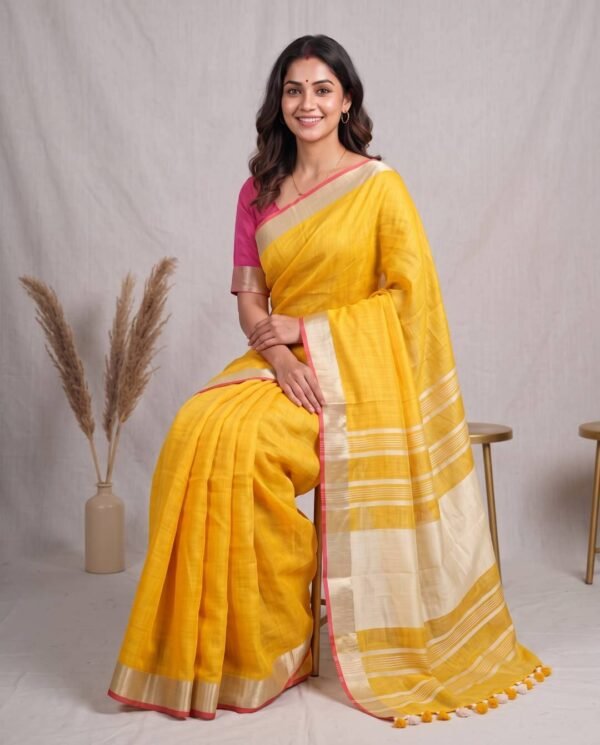 Mango Yellow Pure Linen Saree