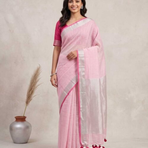 Baby Pink Pure Linen Saree