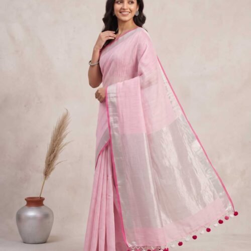 Baby Pink Pure Linen Saree