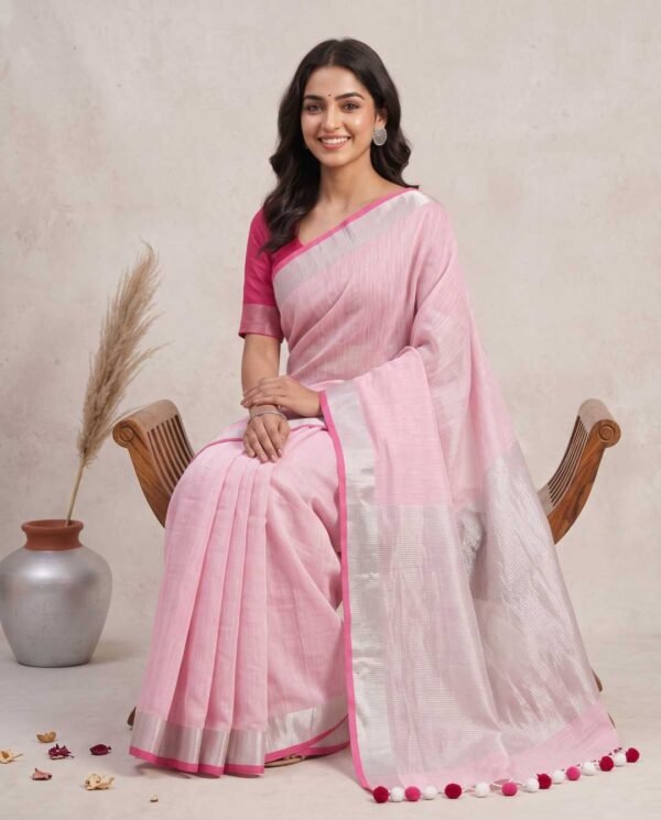 BSOS0050-3(3) Baby Pink Pure Linen Saree