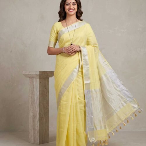 Yellow Pure Linen Saree