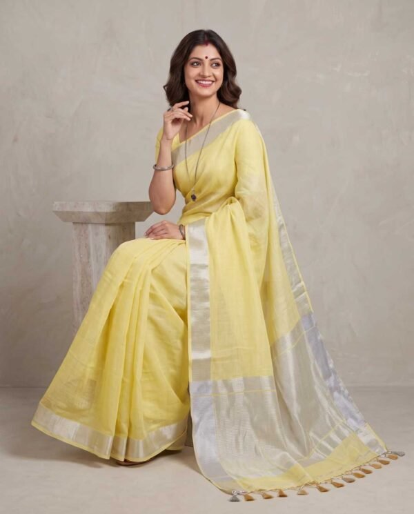 Yellow Pure Linen Saree