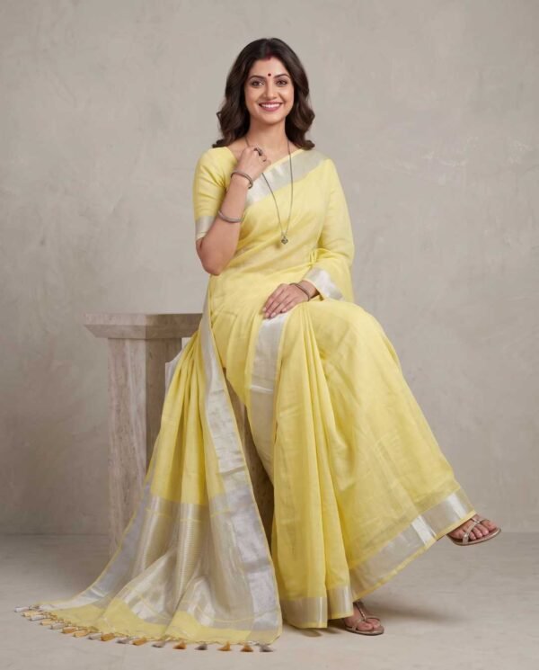 Yellow Pure Linen Saree