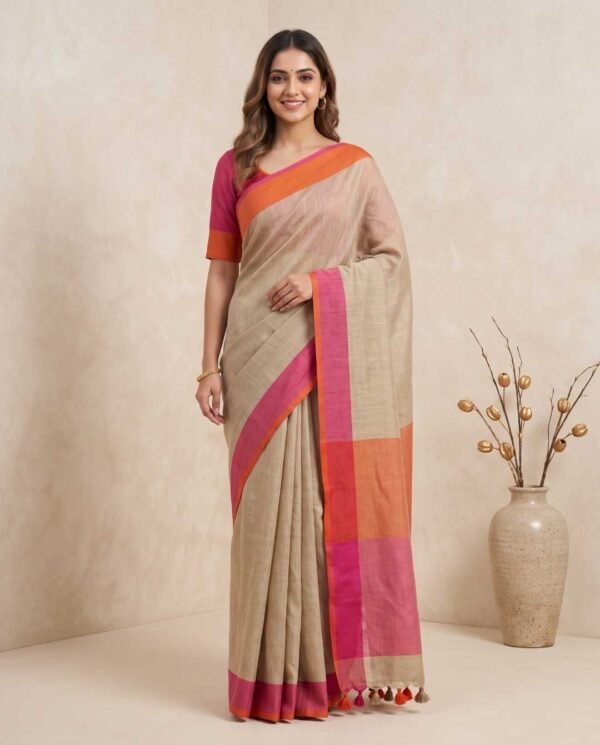 Beige Pure Linen Saree