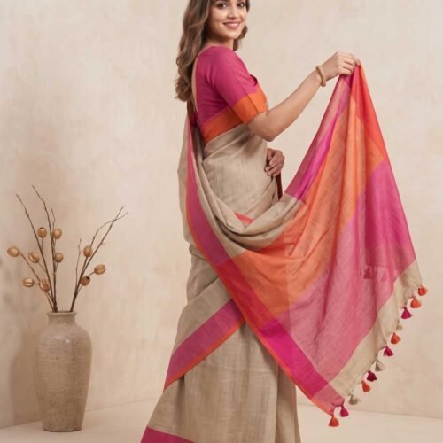 Beige Pure Linen Saree