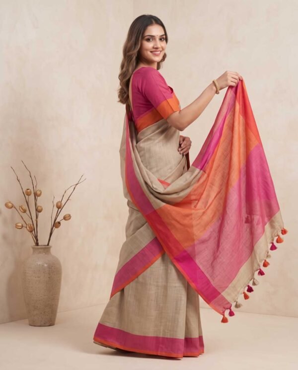 Beige Pure Linen Saree