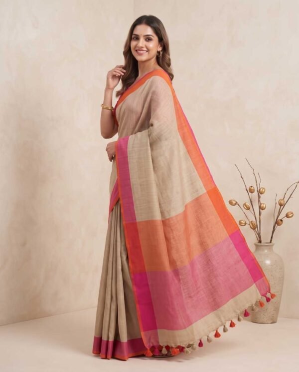 Beige Pure Linen Saree