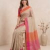 Beige Pure Linen Saree