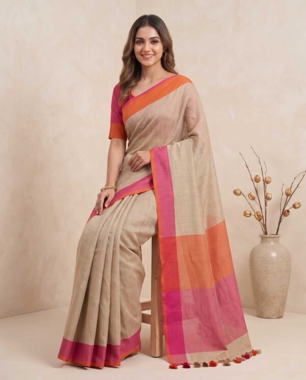 Beige Pure Linen Saree