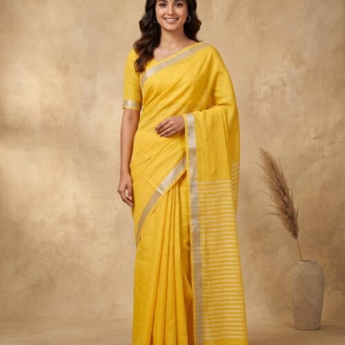 Yellow Pure Linen Saree
