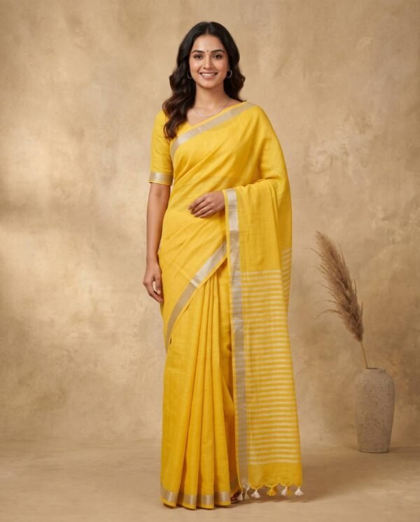 Yellow Pure Linen Saree