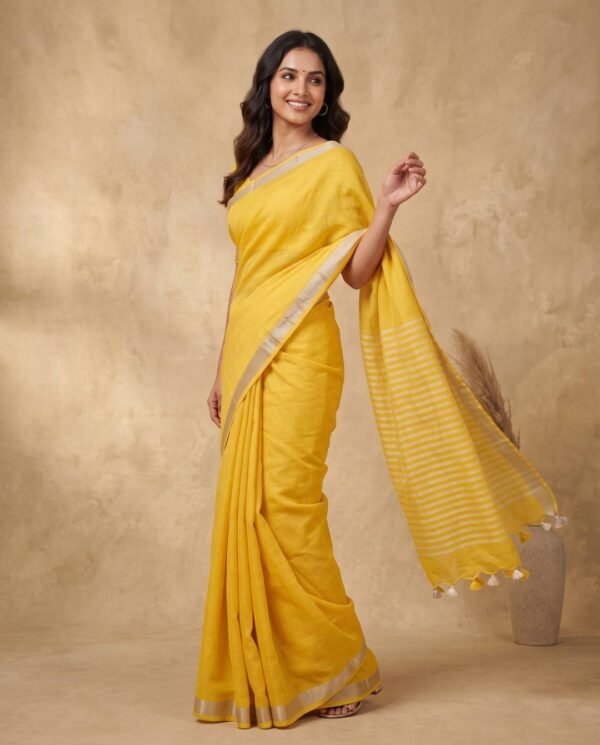 Yellow Pure Linen Saree