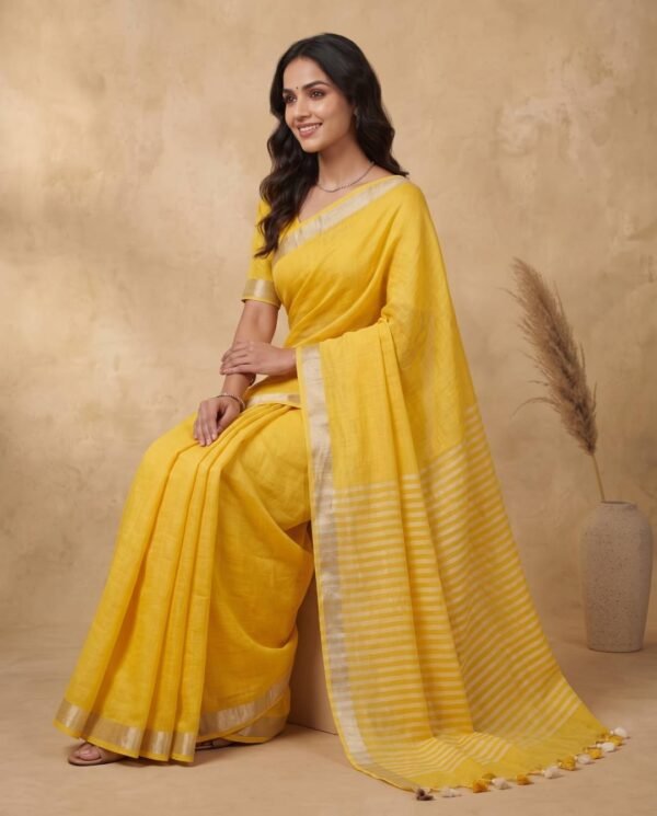 Yellow Pure Linen Saree