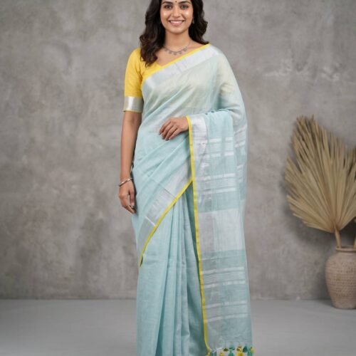 Pastel Aqua Pure Linen Saree