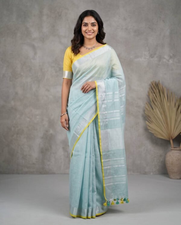 Pastel Aqua Pure Linen Saree