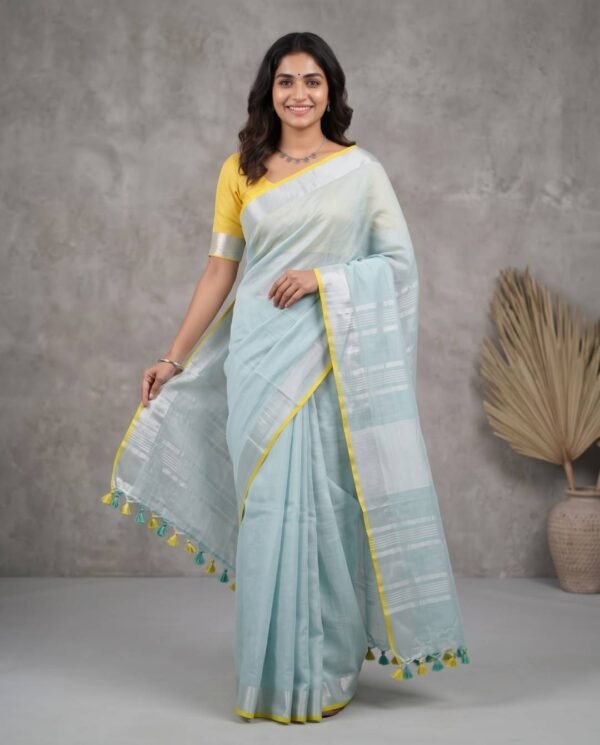 Pastel Aqua Pure Linen Saree