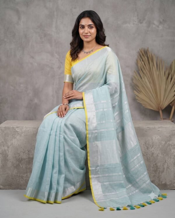 Pastel Aqua Pure Linen Saree